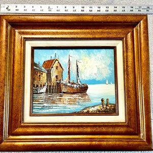 Original oil painting Harbor scene‎ Vintage Caroline Burnett